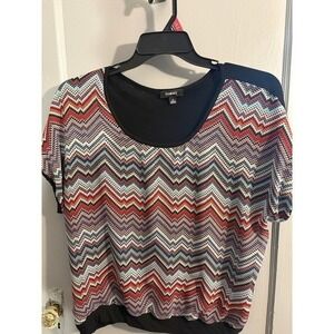 Elementz Retro Modern Red White Blue Zigzag Pattern Blouse XL